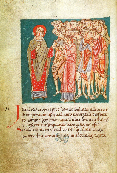 <p>Deze miniatuur in de <em>Vita Amandi</em> (eind 11<sup>de</sup> eeuw) toont Amandus terwijl hij tot de gedoopte Gentenaars predikt. (Médiathèque de Valenciennes)</p>