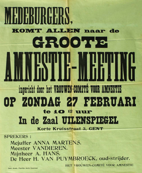 Aankondiging van een Amnestie-meeting in Gent, ingericht door het Vrouwen-Comité voor Amnestie, 1921. (Collectie Stad Antwerpen, Letterenhuis, tglhps46926)