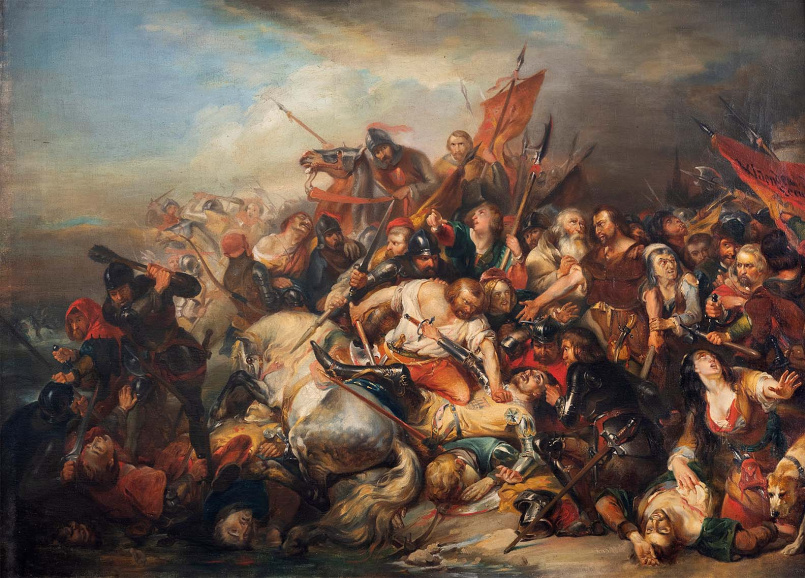 <p><em>De Slag der Gulden Sporen</em> (1836) van Nicaise De Keyser (Stedelijke musea Kortrijk). De mythevorming rond het middeleeuwse graafschap Vlaanderen vormde aanvankelijk een belangrijk onderdeel van het Belgisch nationaal-historisch bewustzijn.</p>