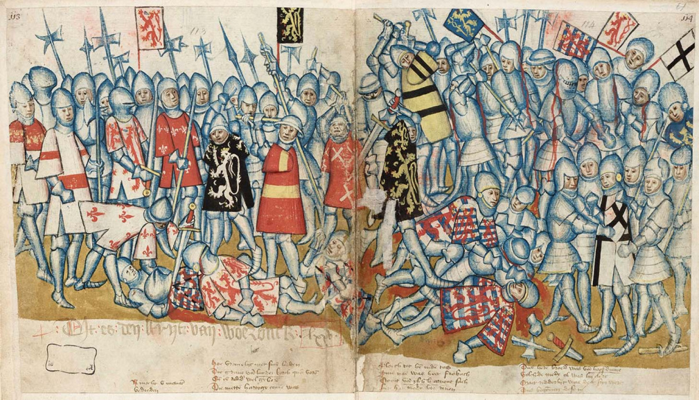<p>Weergave van de slag bij Woeringen (1288) in de <em>Brabantsche Yeesten</em> (eerste helft 14<sup>de</sup> eeuw) van de Antwerpse schepenklerk Jan van Boendaele. Hertog Jan I won de slag en vestigde zo de Brabantse suprematie in de Lage Landen. (Koninklijke Bibliotheek Brussel)  </p>