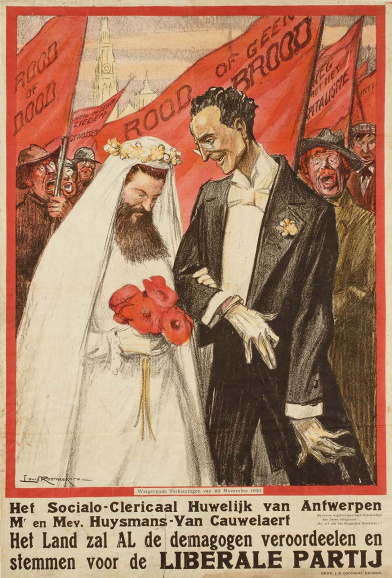 ‘Het mystieke huwelijk’. Affiche uitgegeven door de Liberale Partij voor de wetgevende verkiezingen van 1921. De liberale campagne viseerde vooral Huysmans, met Van Cauwelaert in de rol van onderdanige bruid. Ontwerp Louis Raemaekers. (ADVN, VAFC93)