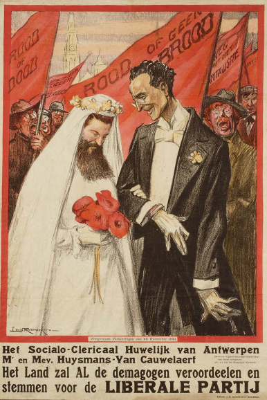 ‘Het mystieke huwelijk’. Affiche uitgegeven door de Liberale Partij voor de wetgevende verkiezingen van 1921. Ontwerp Louis Raemaekers. (ADVN, VAFC93)