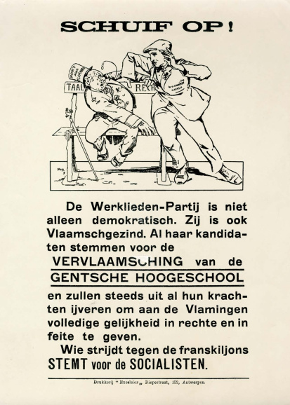 Het ‘Compromis des Belges’ en kort daarna het ‘Compromis des socialistes belges’ (1929) betekende een wijziging in de houding van de BWP tegenover de Vlaamse beweging. Tussen 1929 en 1932 steunden de socialisten de vernederlandsing van de Gentse universiteit en de taalwetgeving. Pamflet van de Antwerpse federatie, vermoedelijk uit 1929. (Amsab-ISG, pr000613)