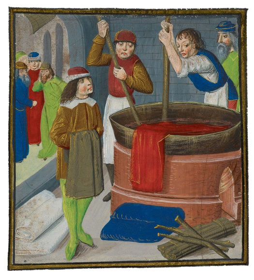 <p>Vlaanderen en Brabant hadden veel van hun rijkdom te danken aan de bloeiende lakenproductie. Miniatuur in <em>Bartholomeus Anglicus, Des proprietez des choses</em>, 1482. (British Library)</p>