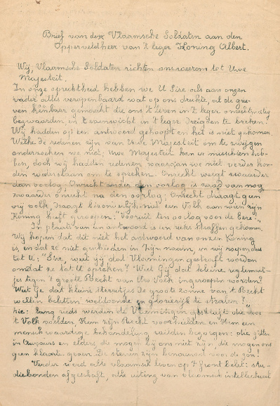 De tweede open brief van de Frontbeweging aan koning Albert I werd opgesteld door Cyriel Verschaeve, september 1917. (ADVN, Y128/2)
