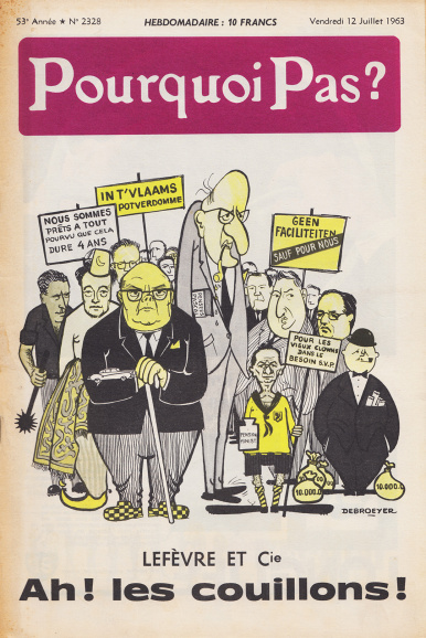 <p>Het tijdschrift <em>Pourquoi Pas?</em> bekritiseerde de CVP-BSP-regering Lef&egrave;vre-Spaak die de Brusselse agglomeratie tot de 19 gemeenten beperkte, maar voor Franstaligen taalfaciliteiten in zes randgemeenten regelde, 12 juli 1963. (ADVN, VY1961)</p>