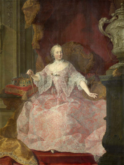 Portret van keizerin Maria Theresia in een jurk van verfijnd kant afkomstig uit de toen Oostenrijkse Nederlanden, geschilderd door Martin von Myetens, 1745. (Historische Huizen Gent)