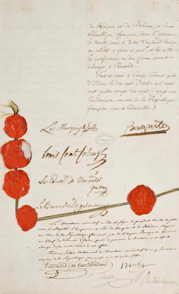 Het verdrag van Campo-Formio, ondertekend namens Frankrijk door Napoleon Bonaparte en namens Oostenrijk door Martius Mastrilli, Louis de Cobenzl, Maximilien de Mervelot en Ignace de Degelmann, 17 oktober 1797. (Archives Nationales)